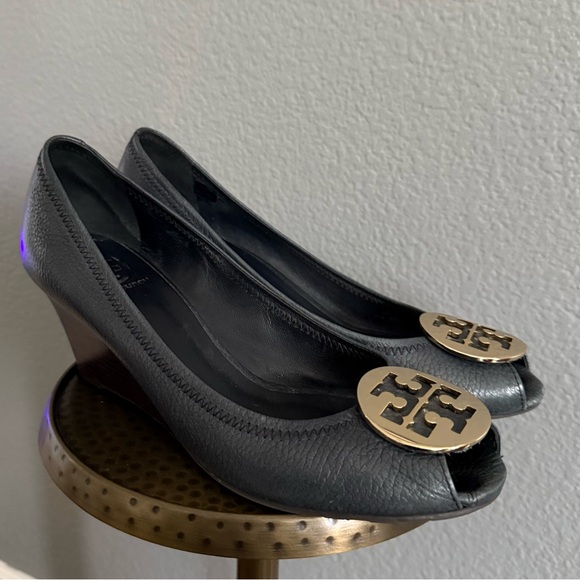 Tory Burch Shoes - Tory Burch Navy Open Toe Wedges With Gold Emblem